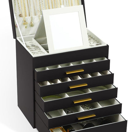 CARLA HOME  6-Layer Large Jewelry Organizer Box for Women with Mirror, Drawers, Hooks & Dividers for Rings, Necklaces, Bracelets, Ideal Gift for Women (Black)-1978962262983053312