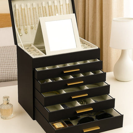 CARLA HOME  6-Layer Large Jewelry Organizer Box for Women with Mirror, Drawers, Hooks & Dividers for Rings, Necklaces, Bracelets, Ideal Gift for Women (Black)-1978962262983053313