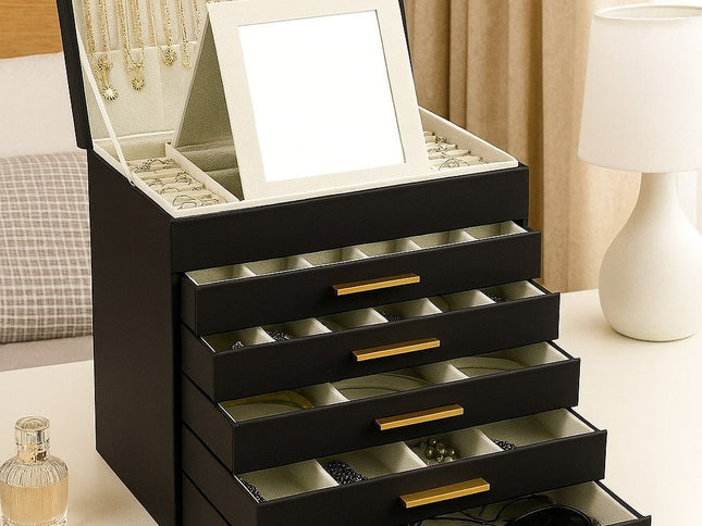 CARLA HOME  6-Layer Large Jewelry Organizer Box for Women with Mirror, Drawers, Hooks & Dividers for Rings, Necklaces, Bracelets, Ideal Gift for Women (Black)-1978962262983053313