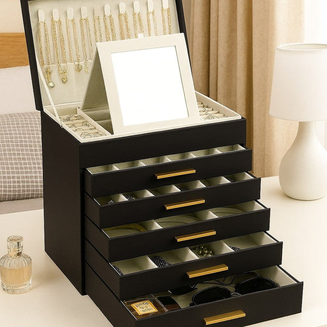 CARLA HOME  6-Layer Large Jewelry Organizer Box for Women with Mirror, Drawers, Hooks & Dividers for Rings, Necklaces, Bracelets, Ideal Gift for Women (Black)-1978962262983053313