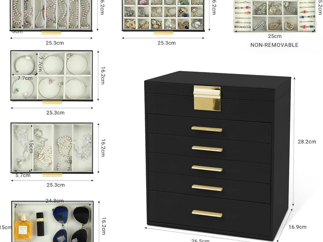 CARLA HOME  6-Layer Large Jewelry Organizer Box for Women with Mirror, Drawers, Hooks & Dividers for Rings, Necklaces, Bracelets, Ideal Gift for Women (Black)-1978962262983053314