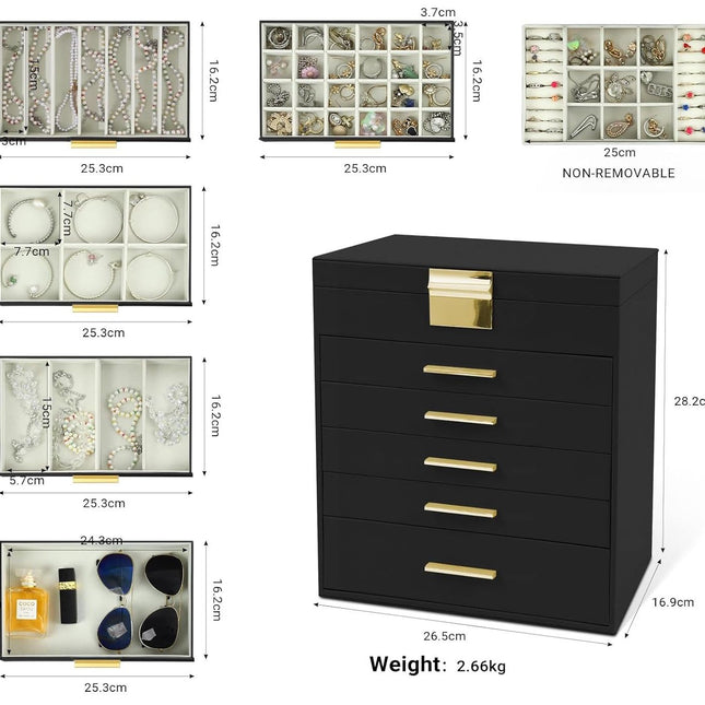 CARLA HOME  6-Layer Large Jewelry Organizer Box for Women with Mirror, Drawers, Hooks & Dividers for Rings, Necklaces, Bracelets, Ideal Gift for Women (Black)-1978962262983053314