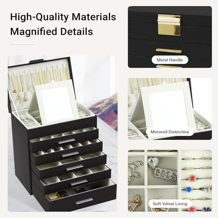 CARLA HOME  6-Layer Large Jewelry Organizer Box for Women with Mirror, Drawers, Hooks & Dividers for Rings, Necklaces, Bracelets, Ideal Gift for Women (Black)-1978962262983053315