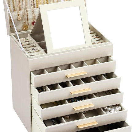 CARLA HOME  6-Layer Large Jewelry Organizer Box for Women with Mirror, Drawers, Hooks & Dividers for Rings, Necklaces, Bracelets, Ideal Gift for Women (White)-1978962263146631168