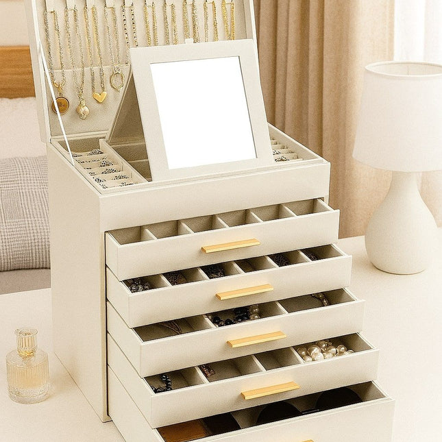 CARLA HOME  6-Layer Large Jewelry Organizer Box for Women with Mirror, Drawers, Hooks & Dividers for Rings, Necklaces, Bracelets, Ideal Gift for Women (White)-1978962263146631169
