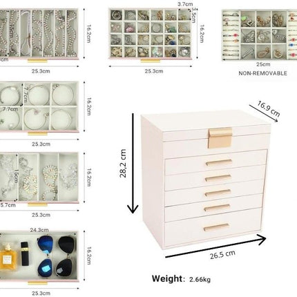CARLA HOME  6-Layer Large Jewelry Organizer Box for Women with Mirror, Drawers, Hooks & Dividers for Rings, Necklaces, Bracelets, Ideal Gift for Women (White)-1978962263146631170