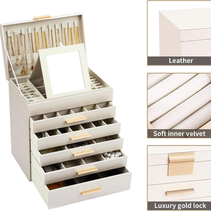 CARLA HOME  6-Layer Large Jewelry Organizer Box for Women with Mirror, Drawers, Hooks & Dividers for Rings, Necklaces, Bracelets, Ideal Gift for Women (White)-1978962263146631171