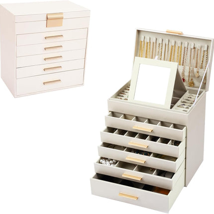 CARLA HOME  6-Layer Large Jewelry Organizer Box for Women with Mirror, Drawers, Hooks & Dividers for Rings, Necklaces, Bracelets, Ideal Gift for Women (White)-1978962263146631176