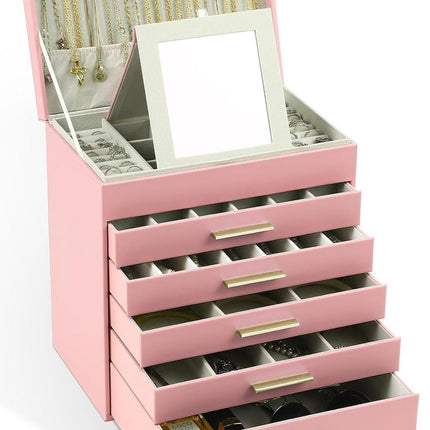 CARLA HOME  6-Layer Large Jewelry Organizer Box for Women with Mirror, Drawers, Hooks & Dividers for Rings, Necklaces, Bracelets, Ideal Gift for Women (Pink)-1978962263310209024