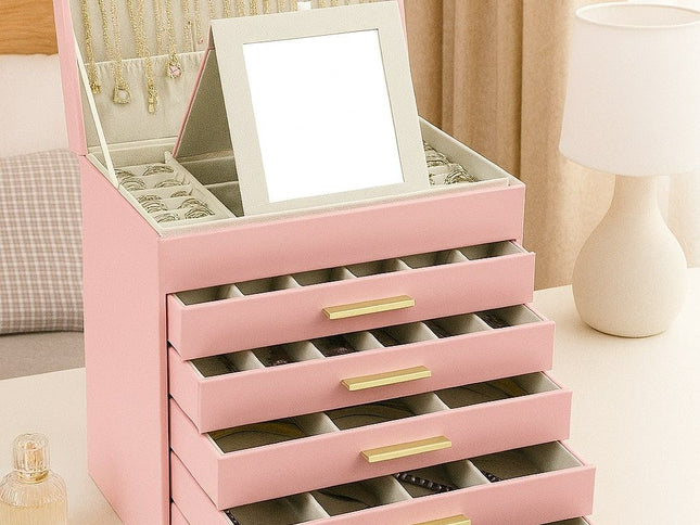 CARLA HOME  6-Layer Large Jewelry Organizer Box for Women with Mirror, Drawers, Hooks & Dividers for Rings, Necklaces, Bracelets, Ideal Gift for Women (Pink)-1978962263310209025
