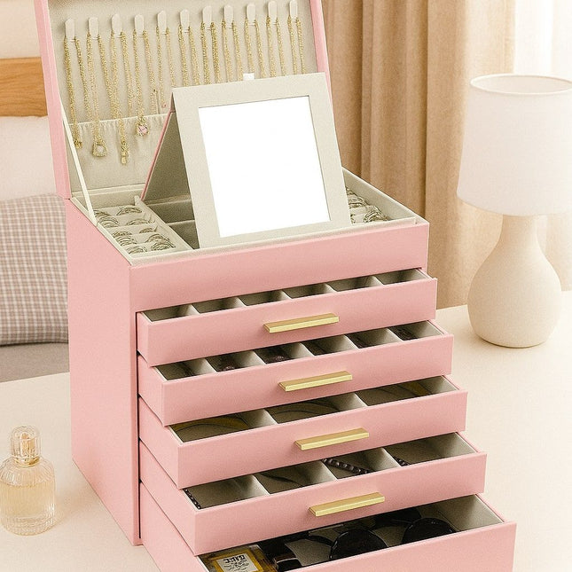 CARLA HOME  6-Layer Large Jewelry Organizer Box for Women with Mirror, Drawers, Hooks & Dividers for Rings, Necklaces, Bracelets, Ideal Gift for Women (Pink)-1978962263310209025