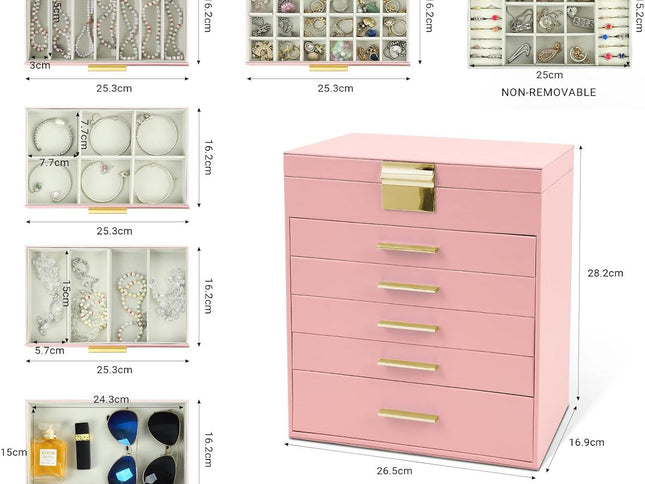 CARLA HOME  6-Layer Large Jewelry Organizer Box for Women with Mirror, Drawers, Hooks & Dividers for Rings, Necklaces, Bracelets, Ideal Gift for Women (Pink)-1978962263310209026