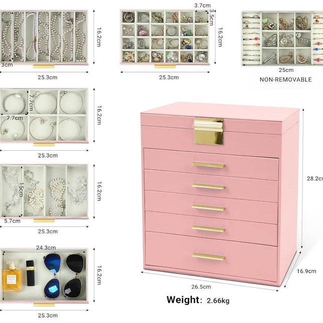 CARLA HOME  6-Layer Large Jewelry Organizer Box for Women with Mirror, Drawers, Hooks & Dividers for Rings, Necklaces, Bracelets, Ideal Gift for Women (Pink)-1978962263310209026