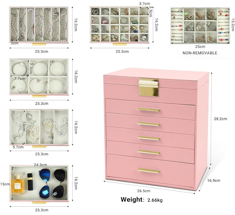 CARLA HOME  6-Layer Large Jewelry Organizer Box for Women with Mirror, Drawers, Hooks & Dividers for Rings, Necklaces, Bracelets, Ideal Gift for Women (Pink)-1978962263310209026