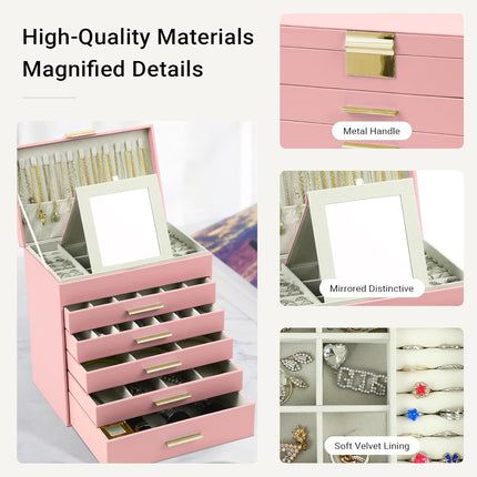 CARLA HOME  6-Layer Large Jewelry Organizer Box for Women with Mirror, Drawers, Hooks & Dividers for Rings, Necklaces, Bracelets, Ideal Gift for Women (Pink)-1978962263310209027