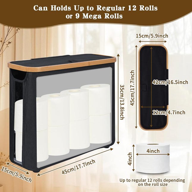 CARLA HOME 2 pack Toilet Paper Storage Basket Holds Up to 12 Rolls with Bamboo Lid and Handle for RV Closet (Black)-1978962264161652738