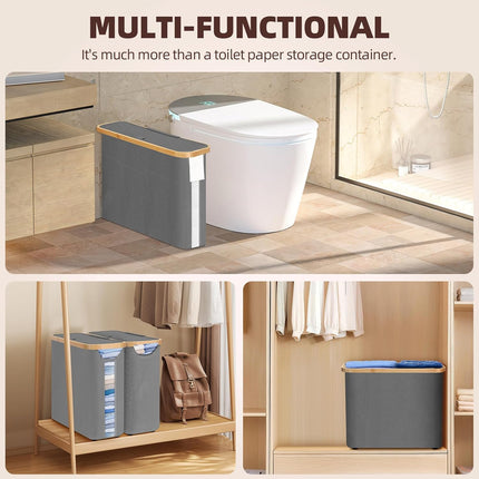 CARLA HOME 2 pack Toilet Paper Storage Basket Holds Up to 12 Rolls with Bamboo Lid and Handle for RV Closet (Grey)-1978962264329424903