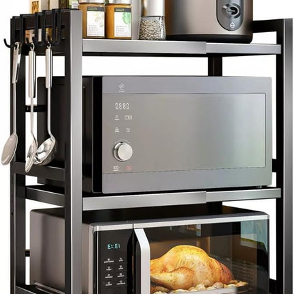 CARLA HOME 3-Tier Microwave Oven Rack with Adjustable Metal Kitchen Shelf Stand for Countertop Storage and 6 Hooks for Utensils-1978962265201840128