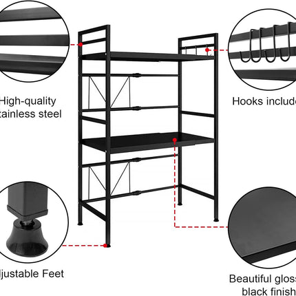 CARLA HOME 3-Tier Microwave Oven Rack with Adjustable Metal Kitchen Shelf Stand for Countertop Storage and 6 Hooks for Utensils-1978962265201840131