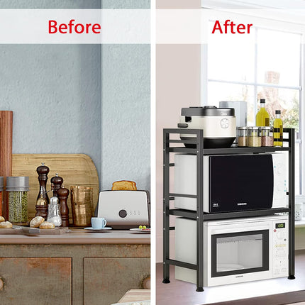 CARLA HOME 3-Tier Microwave Oven Rack with Adjustable Metal Kitchen Shelf Stand for Countertop Storage and 6 Hooks for Utensils-1978962265201840132