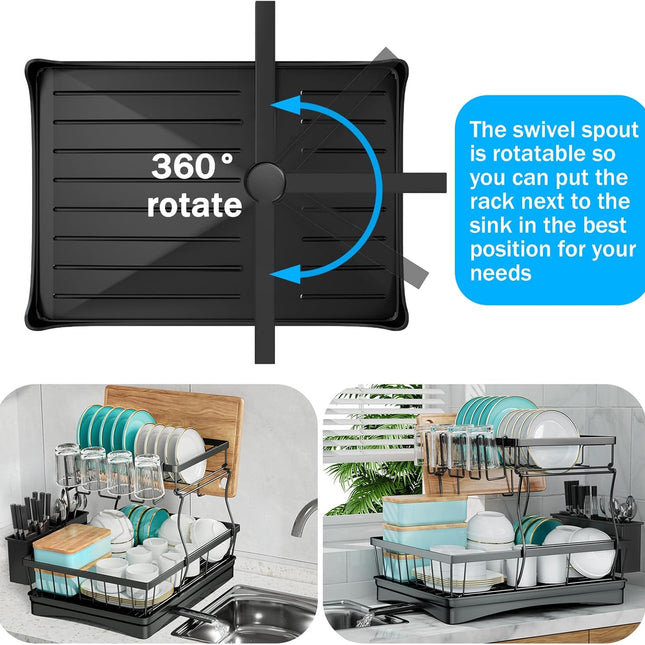CARLA HOME 2-Tier Dish Drying Rack for Kitchen Counter with Drainboard, Utensil Holder, Cup Rack & Cutlery Organizer-1978962265533190145