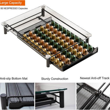 CARLA HOME 60 Coffee Pod Holder Drawer with Tempered Glass Capsule Organizer for Nespresso Pods and Sliding Drawer for Kitchen Countertop-1978962265700962307