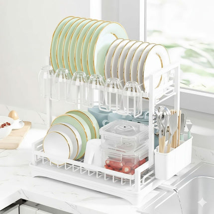CARLA HOME Dish Drying Rack 2-Tier Kitchen Drainer with Drainboard (White)-2050057499847036928