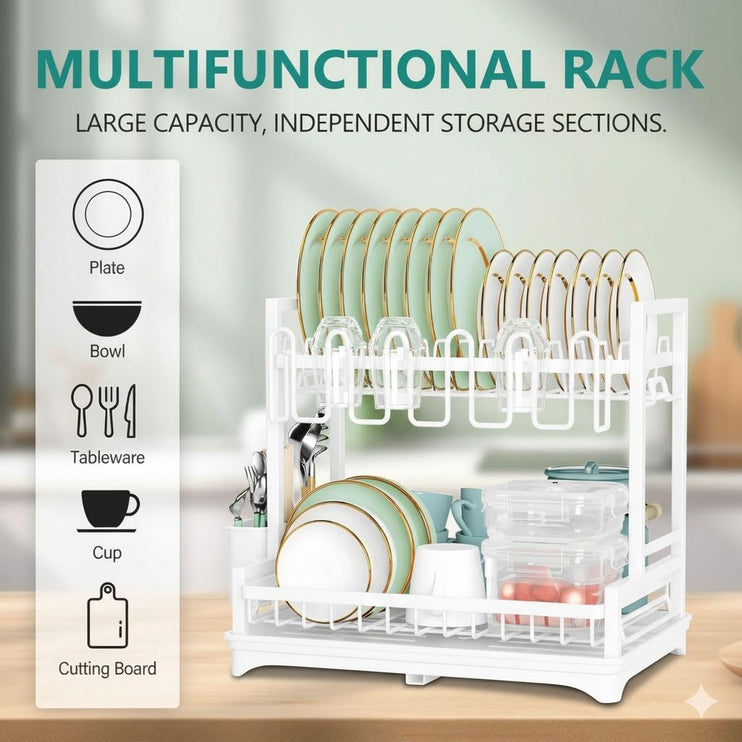 CARLA HOME Dish Drying Rack 2-Tier Kitchen Drainer with Drainboard (White)-2050057499847036929