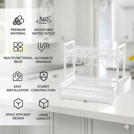 CARLA HOME Dish Drying Rack 2-Tier Kitchen Drainer with Drainboard (White)-2050057499847036930