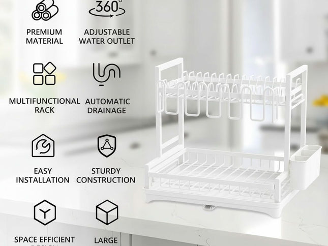 CARLA HOME Dish Drying Rack 2-Tier Kitchen Drainer with Drainboard (White)-2050057499847036930