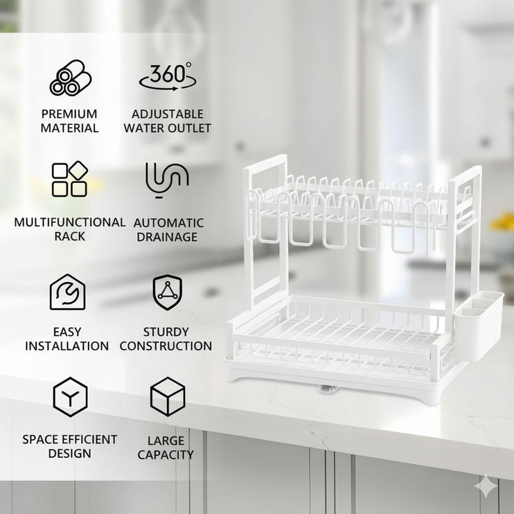 CARLA HOME Dish Drying Rack 2-Tier Kitchen Drainer with Drainboard (White)-2050057499847036930