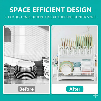 CARLA HOME Dish Drying Rack 2-Tier Kitchen Drainer with Drainboard (White)-2050057499847036934