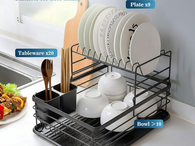 CARLA HOME 2-Tier Dish Drying Rack for Kitchen Counter with Removable Drip Tray, Utensil Holder and Cutlery Organizer (Black)-2050057500035780610