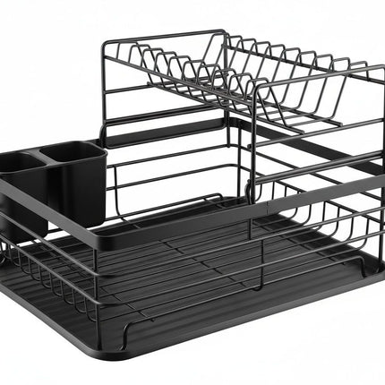 CARLA HOME 2-Tier Dish Drying Rack for Kitchen Counter with Removable Drip Tray, Utensil Holder and Cutlery Organizer (Black)-2050057500035780614