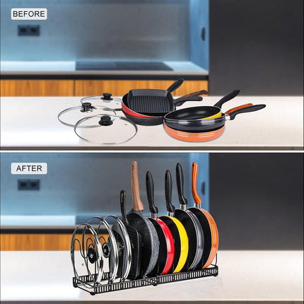 CARLA HOME Expandable Pot and Pan Organizer Rack for Cabinet with 10 Adjustable Dividers, Lid & Cookware Holder for Kitchen Pantry or Countertop Storage-2050057500530708484
