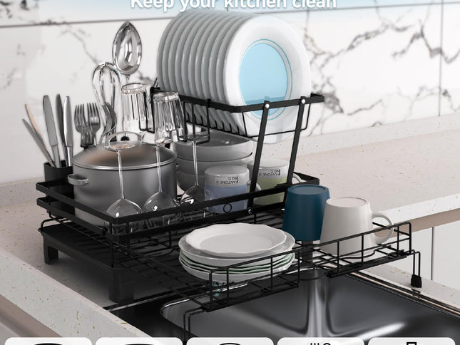 CARLA HOME Expandable Dish Drying Rack with Drainage Spout, Utensil Holder & Drainboardfor Kitchen Countertop Organizer (2 tier)-2050057501205991425