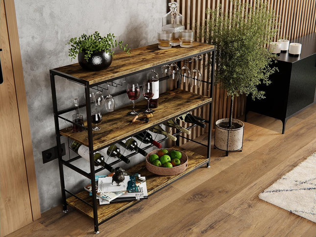 CARLA HOME Large Wine Rack with Glass Holder, Metal Designed Bottle Holder and Wood Countertop for Wine & Champagne-2050057501549924353