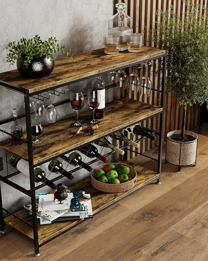 CARLA HOME Large Wine Rack with Glass Holder, Metal Designed Bottle Holder and Wood Countertop for Wine & Champagne-2050057501549924353