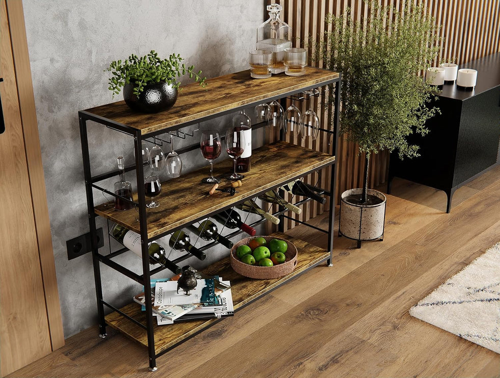 CARLA HOME Large Wine Rack with Glass Holder, Metal Designed Bottle Holder and Wood Countertop for Wine & Champagne-2050057501549924353