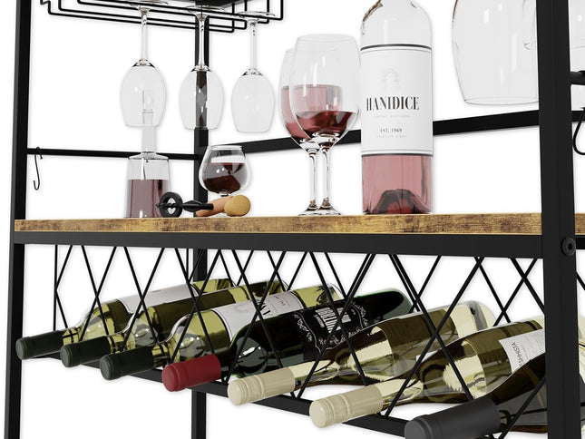 CARLA HOME Large Wine Rack with Glass Holder, Metal Designed Bottle Holder and Wood Countertop for Wine & Champagne-2050057501549924354