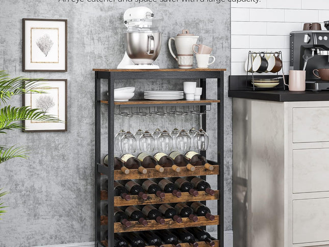 CARLA HOME Large Wine Rack with Glass Holder, Metal Designed Bottle Holder and Wood Countertop up to Wine & Champagne Bottles-2050057501793193985
