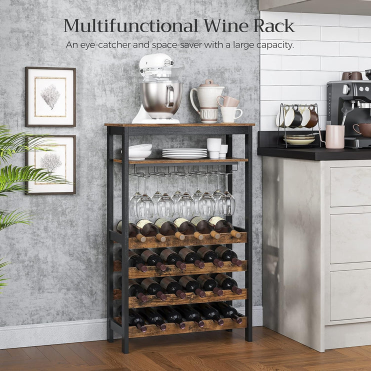 CARLA HOME Large Wine Rack with Glass Holder, Metal Designed Bottle Holder and Wood Countertop up to Wine & Champagne Bottles-2050057501793193985