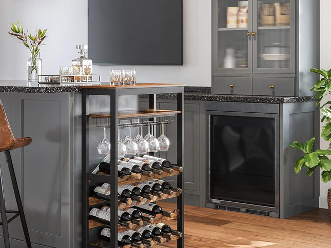 CARLA HOME Large Wine Rack with Glass Holder, Metal Designed Bottle Holder and Wood Countertop up to Wine & Champagne Bottles-2050057501793193986