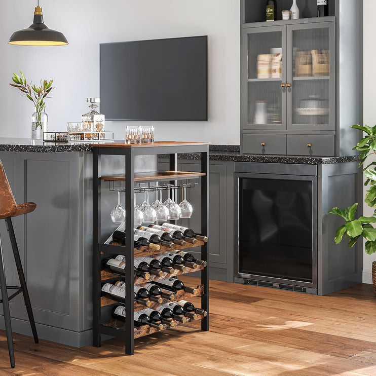 CARLA HOME Large Wine Rack with Glass Holder, Metal Designed Bottle Holder and Wood Countertop up to Wine & Champagne Bottles-2050057501793193986