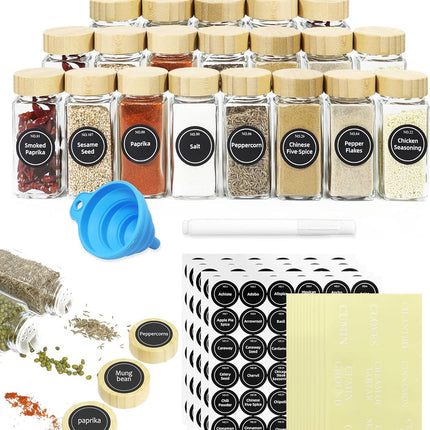 CARLA HOME 24 Glass Spice Jars with Bamboo Lids, Shaker Tops, 180 Spice Labels, White Pen & Funnel for Kitchen Organization, Spice Rack, Seasoning & Herb Storage-2050057501977743360