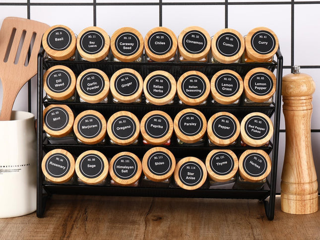 CARLA HOME 24 Glass Spice Jars with Bamboo Lids, Shaker Tops, 180 Spice Labels, White Pen & Funnel for Kitchen Organization, Spice Rack, Seasoning & Herb Storage-2050057501977743361