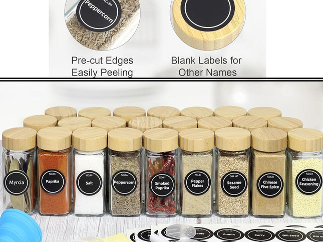 CARLA HOME 24 Glass Spice Jars with Bamboo Lids, Shaker Tops, 180 Spice Labels, White Pen & Funnel for Kitchen Organization, Spice Rack, Seasoning & Herb Storage-2050057501977743362