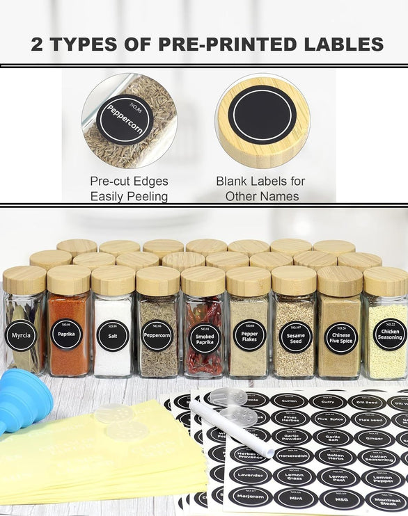 CARLA HOME 24 Glass Spice Jars with Bamboo Lids, Shaker Tops, 180 Spice Labels, White Pen & Funnel for Kitchen Organization, Spice Rack, Seasoning & Herb Storage-2050057501977743362