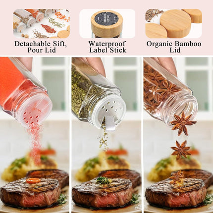 CARLA HOME 24 Glass Spice Jars with Bamboo Lids, Shaker Tops, 180 Spice Labels, White Pen & Funnel for Kitchen Organization, Spice Rack, Seasoning & Herb Storage-2050057501977743363