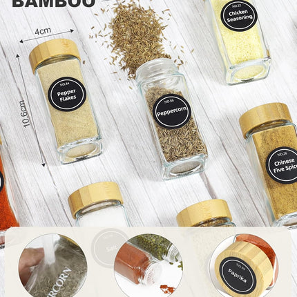 CARLA HOME 24 Glass Spice Jars with Bamboo Lids, Shaker Tops, 180 Spice Labels, White Pen & Funnel for Kitchen Organization, Spice Rack, Seasoning & Herb Storage-2050057501977743364